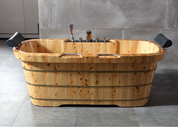 ALFI brand 65" 2 Person Free Standing Cedar Wooden Bathtub with Fixtures & Headrests