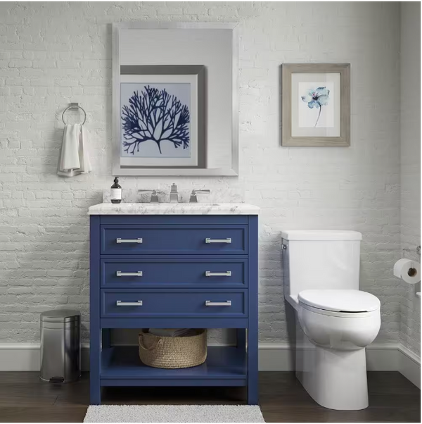 Design Element Affinity 31" Modern Bathroom Vanity in Blue Cabinet  Carrara White Marble Countertop