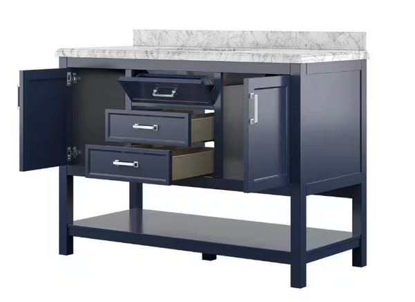 Design Element Affinity 49" Modern Bathroom Vanity in Blue Cabinet  Carrara White Marble Countertop