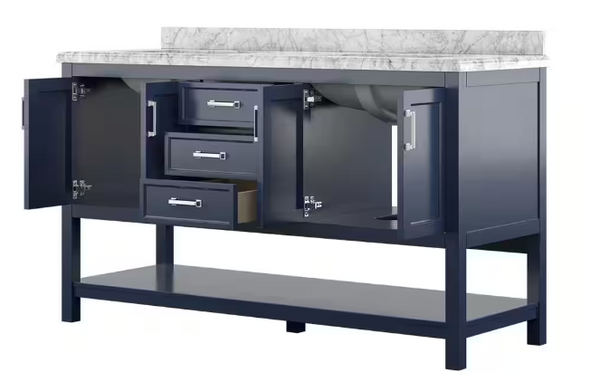 Design Element Affinity 61" Modern Bathroom Vanity in Blue Cabinet  Carrara White Marble Countertop