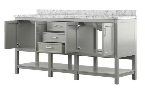 Design Element Affinity 61" Modern Bathroom Vanity in Gray Cabinet  Carrara White Marble Countertop