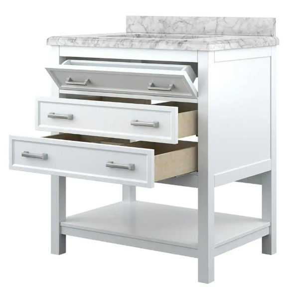 Design Element Affinity 31" Modern Bathroom Vanity in White Cabinet  Carrara White Marble Countertop