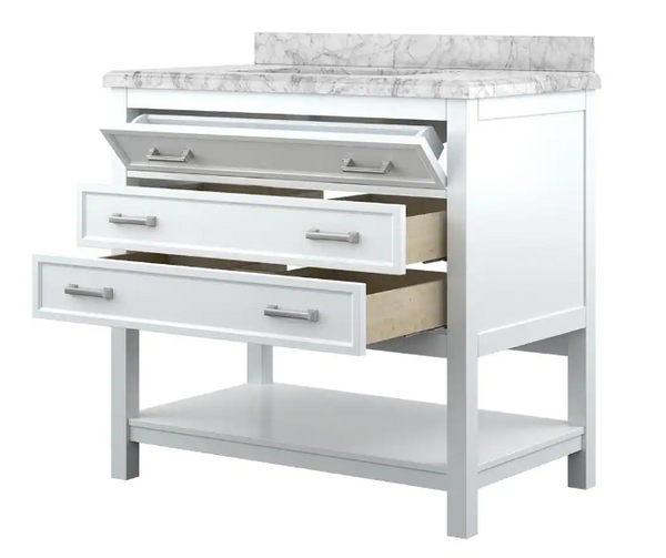 Design Element Affinity 37" Modern Bathroom Vanity in White Cabinet  Carrara White Marble Countertop