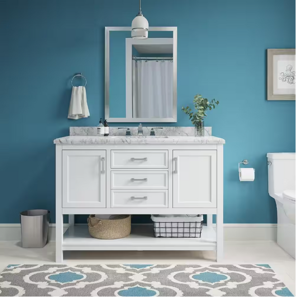 Design Element Affinity 49" Modern Bathroom Vanity in White Cabinet  Carrara White Marble Countertop