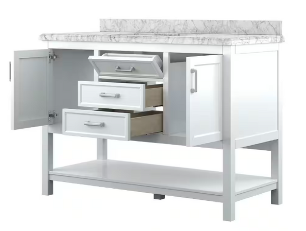 Design Element Affinity 49" Modern Bathroom Vanity in White Cabinet  Carrara White Marble Countertop