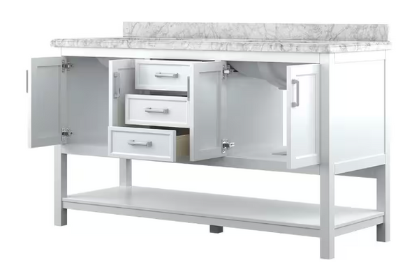 Design Element Affinity 61" Modern Bathroom Vanity in White Cabinet  Carrara White Marble Countertop