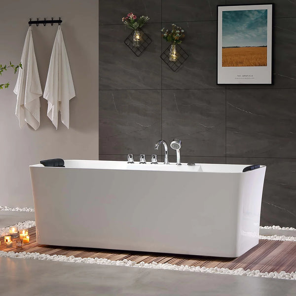 Empava 59" Freestanding Rectangle Whirlpool Bathtub with Center Drain