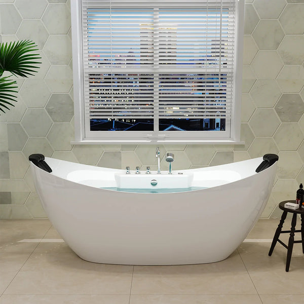 Empava 67" Freestanding Boat-shaped Whirlpool Bathtub with Center Drain